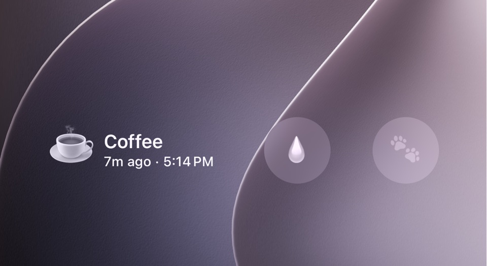 Logmori widgets on a Lock Screen: Coffee, logged a few minutes ago at 5:14 PM, and round buttons for Glass of water and Feed Milo.